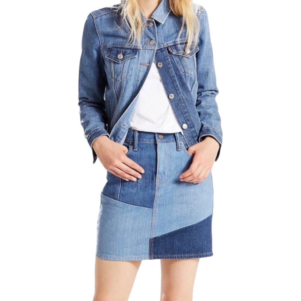 Levi's x Anthropologie Patchwork Denim Mini Skirt Mixed Wash Button Fly Sz 30
